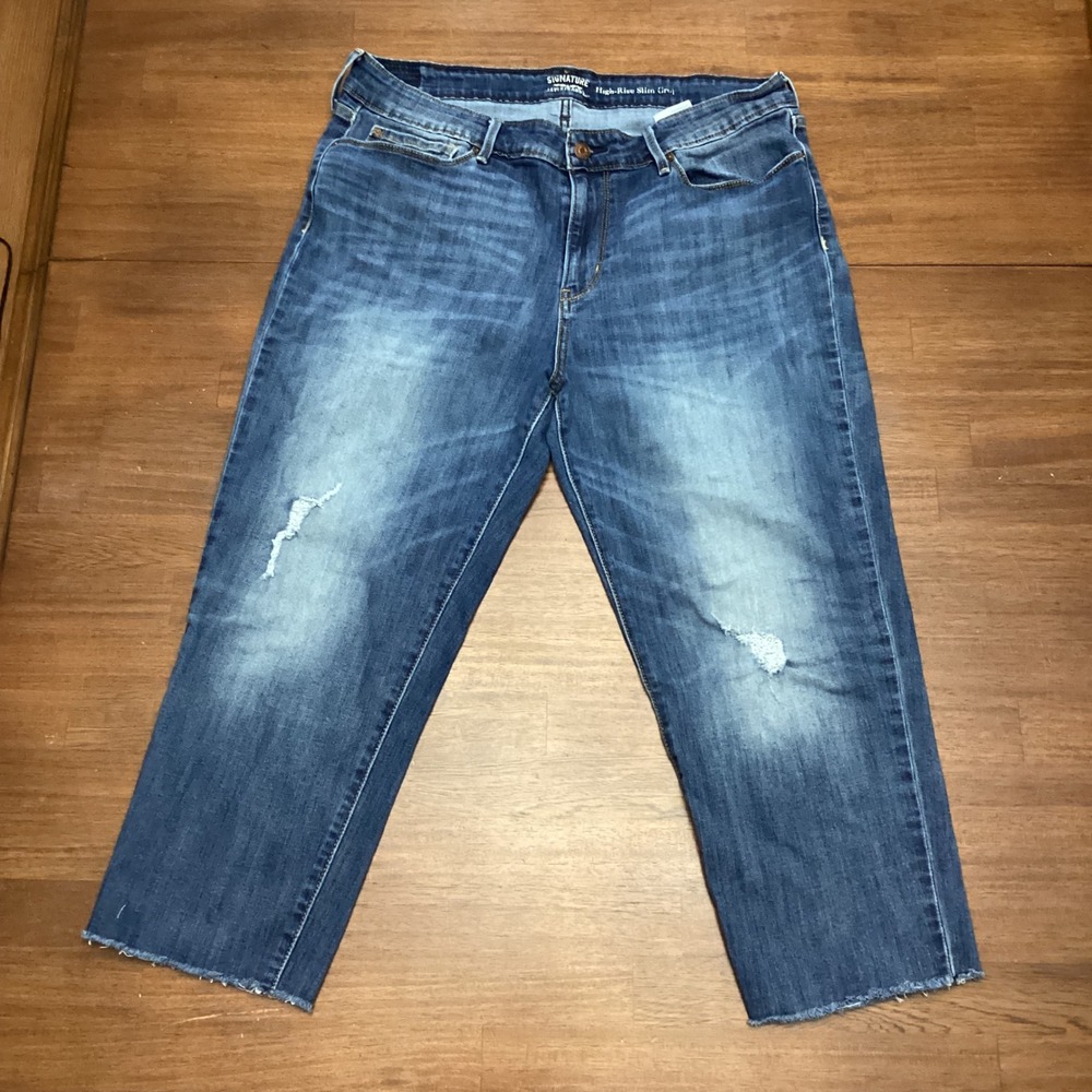 Signature Levi Strauss High Rise Slim Crop Jeans Size 16 Medium Wash Distressed - Picture 10 of 10